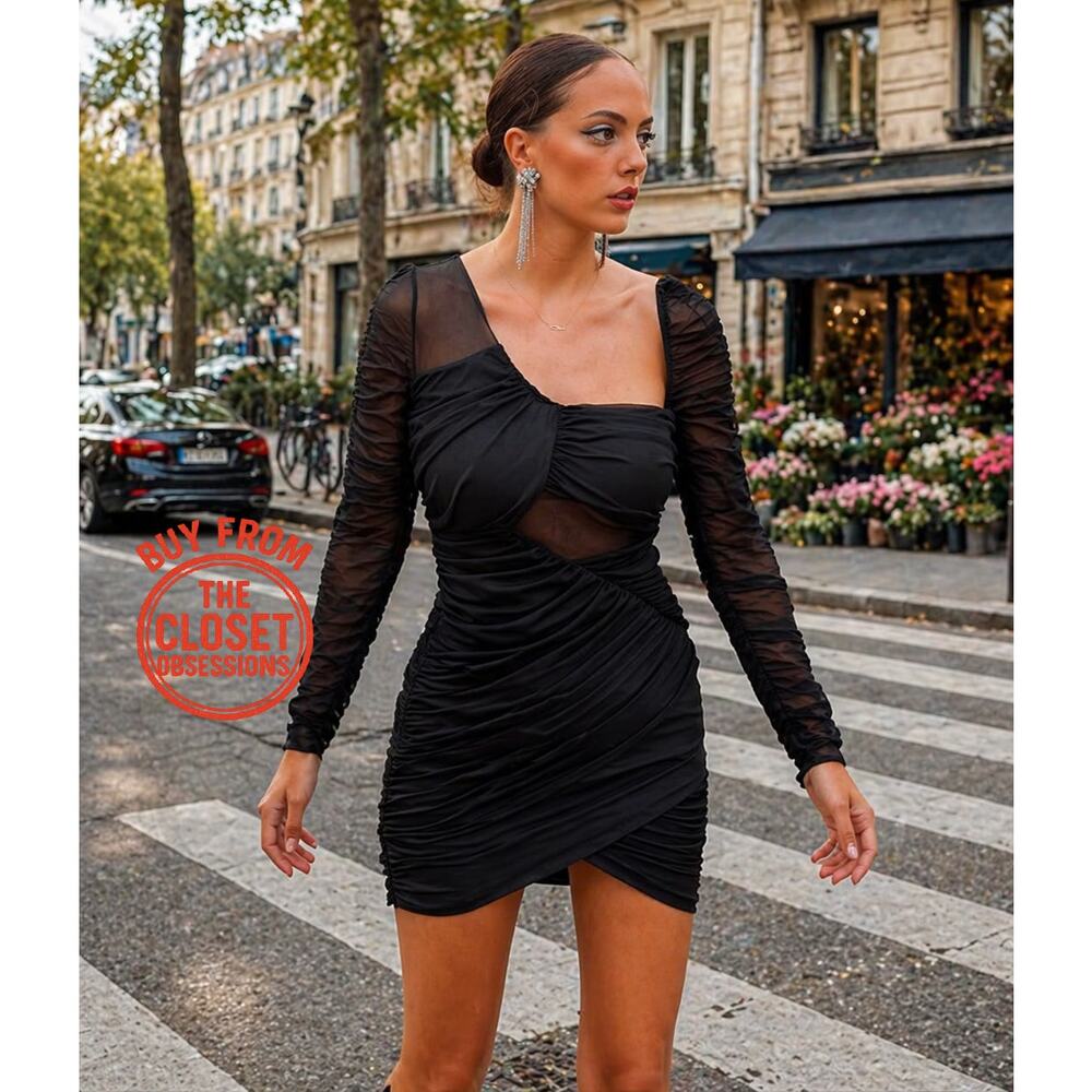 Zara Ruched Asymmetric Mini Dress Bodycon Long Sleeve Going Out Dress NWT L